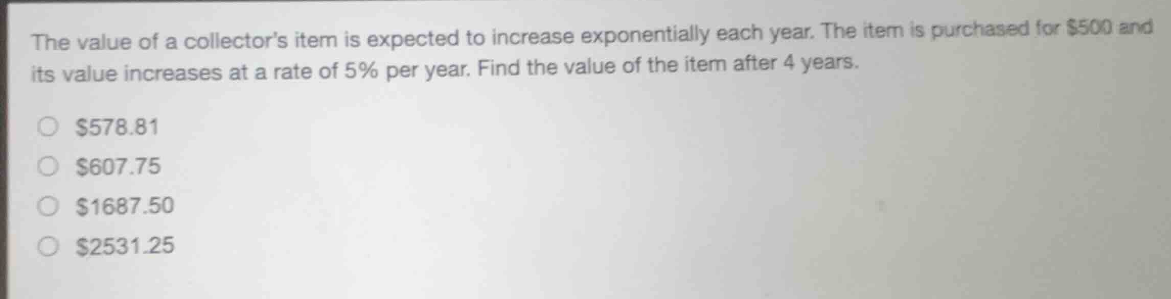 the value of a collectors item is expected to increase exponentially ea…
