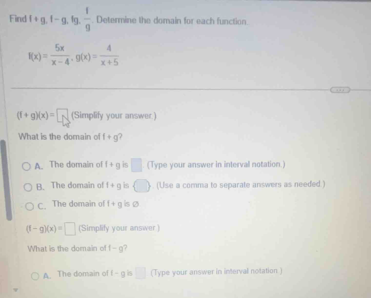 find \\(f+g\\), \\(f-g\\), \\(fg\\), \\(\\frac{f}{g}\\). determine the …