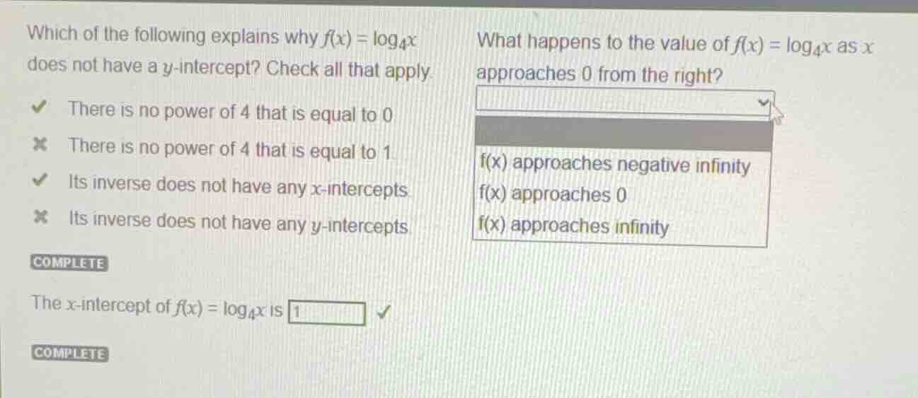 which of the following explains why (f(x) = log_4 x) does not have a (y…
