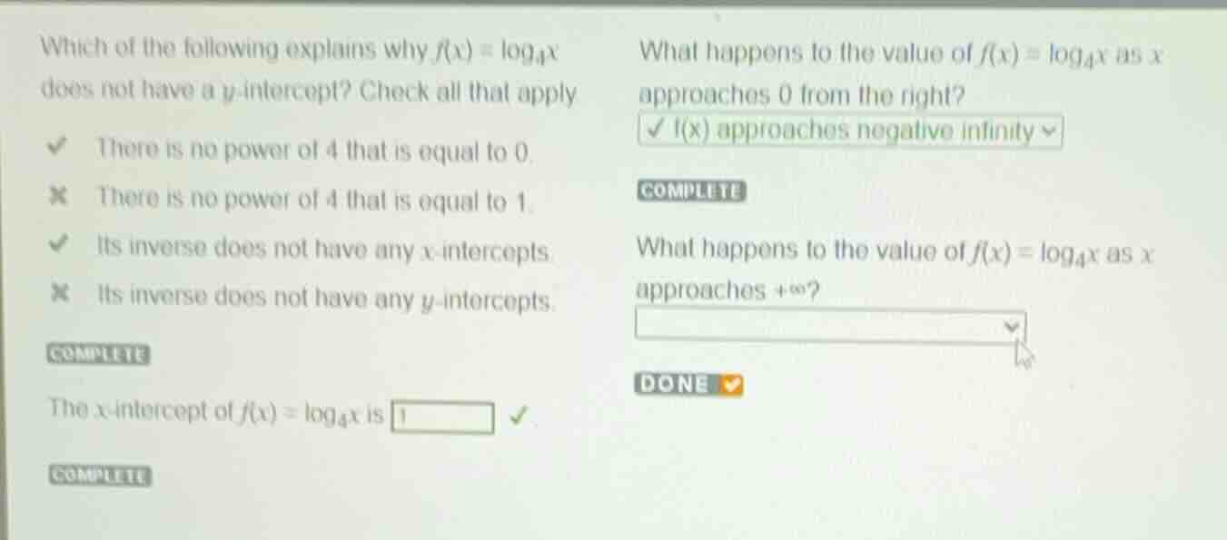 which of the following explains why \\(f(x) = \\log_4 x\\) does not hav…