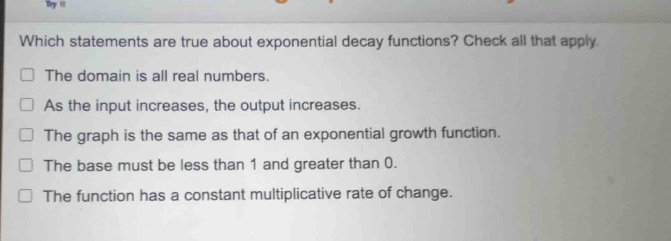 which statements are true about exponential decay functions? check all …