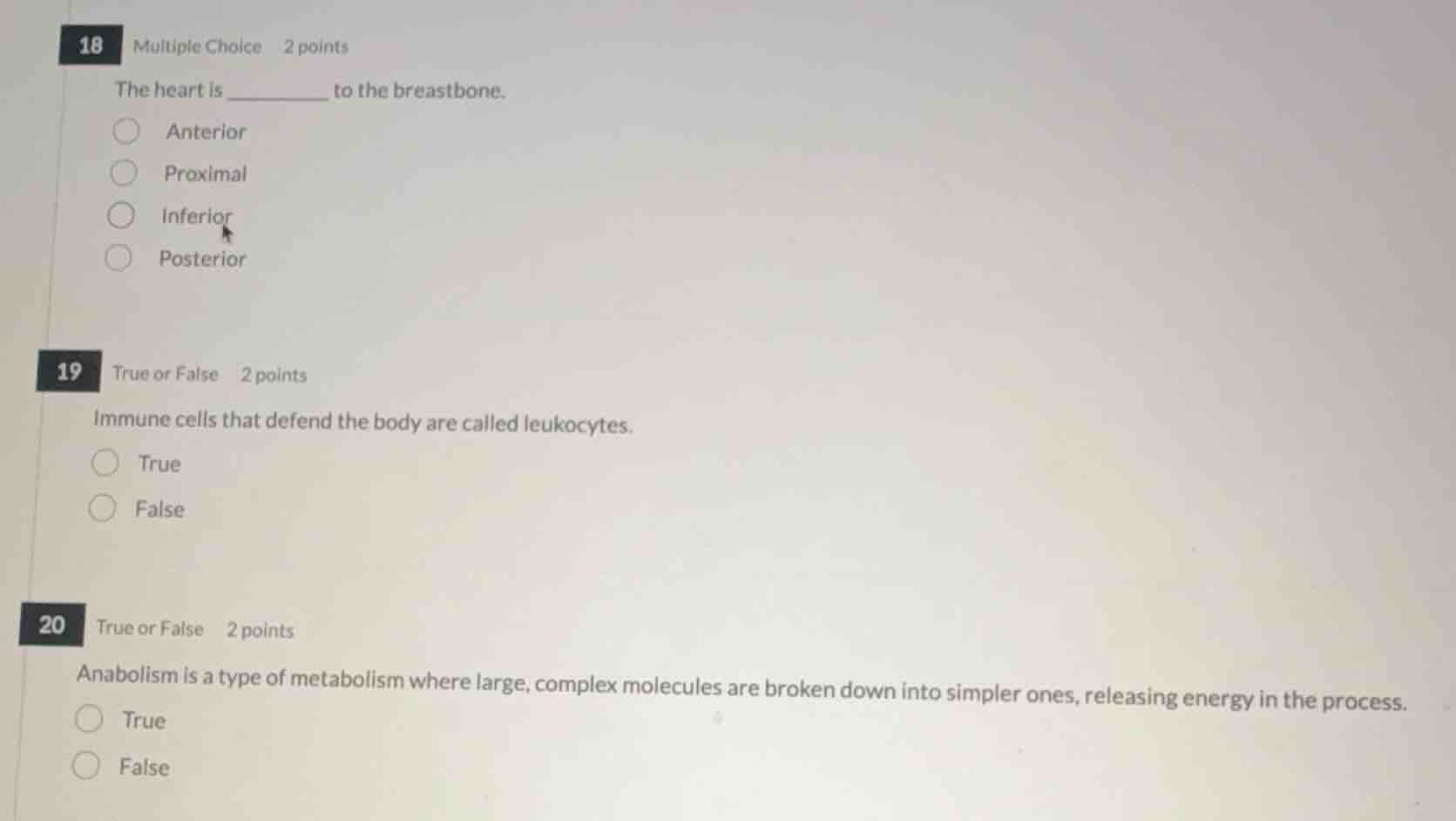 18 multiple choice 2 points the heart is ______ to the breastbone. ante…