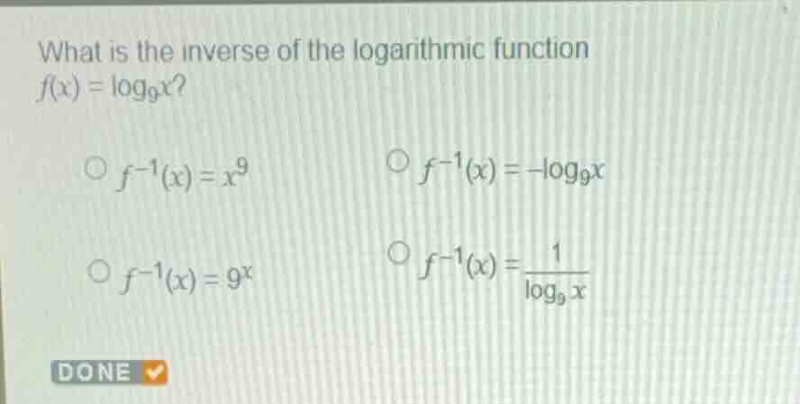 what is the inverse of the logarithmic function \\(f(x) = \\log_{9}x\\)…