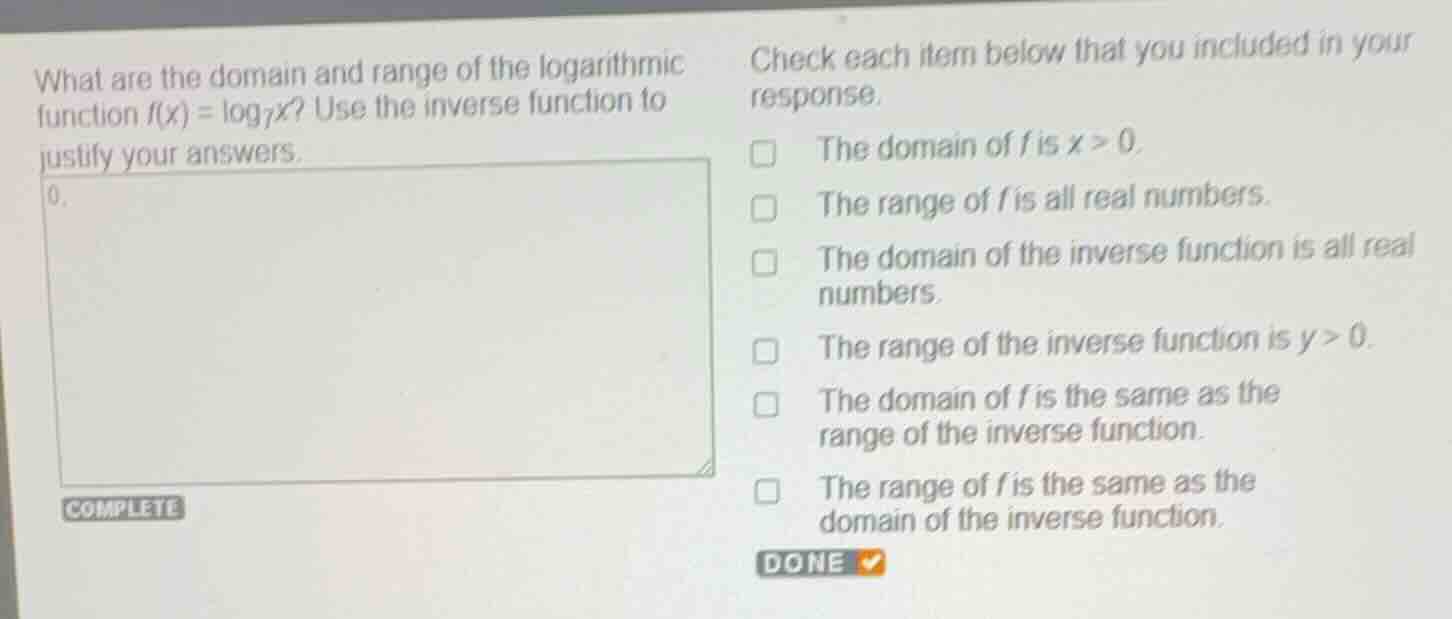 what are the domain and range of the logarithmic function \\(f(x) = \\l…