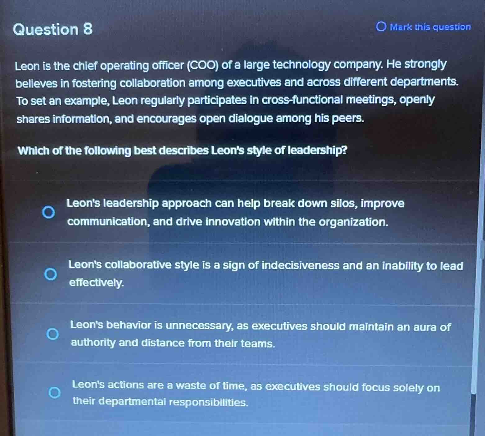 question 8 leon is the chief operating officer (coo) of a large technol…