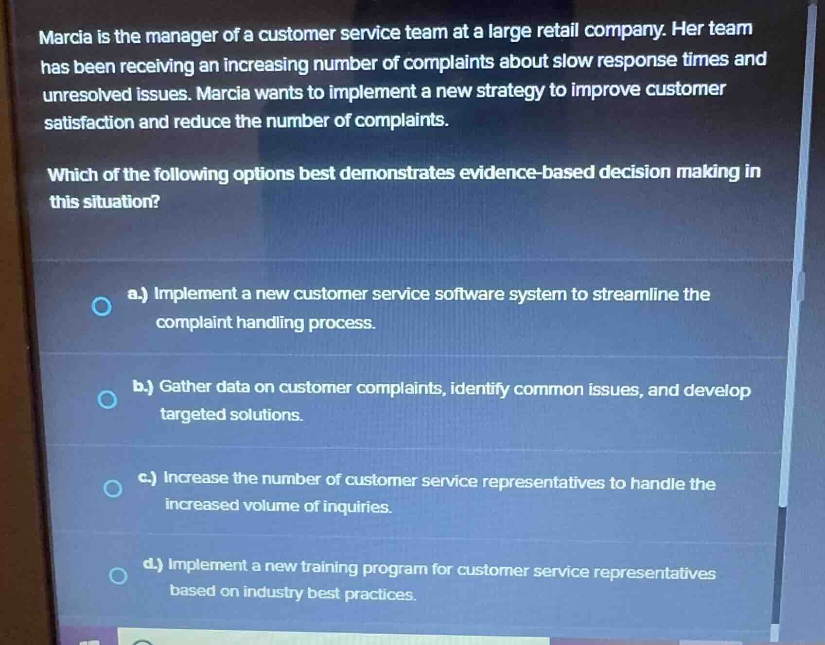 marcia is the manager of a customer service team at a large retail comp…