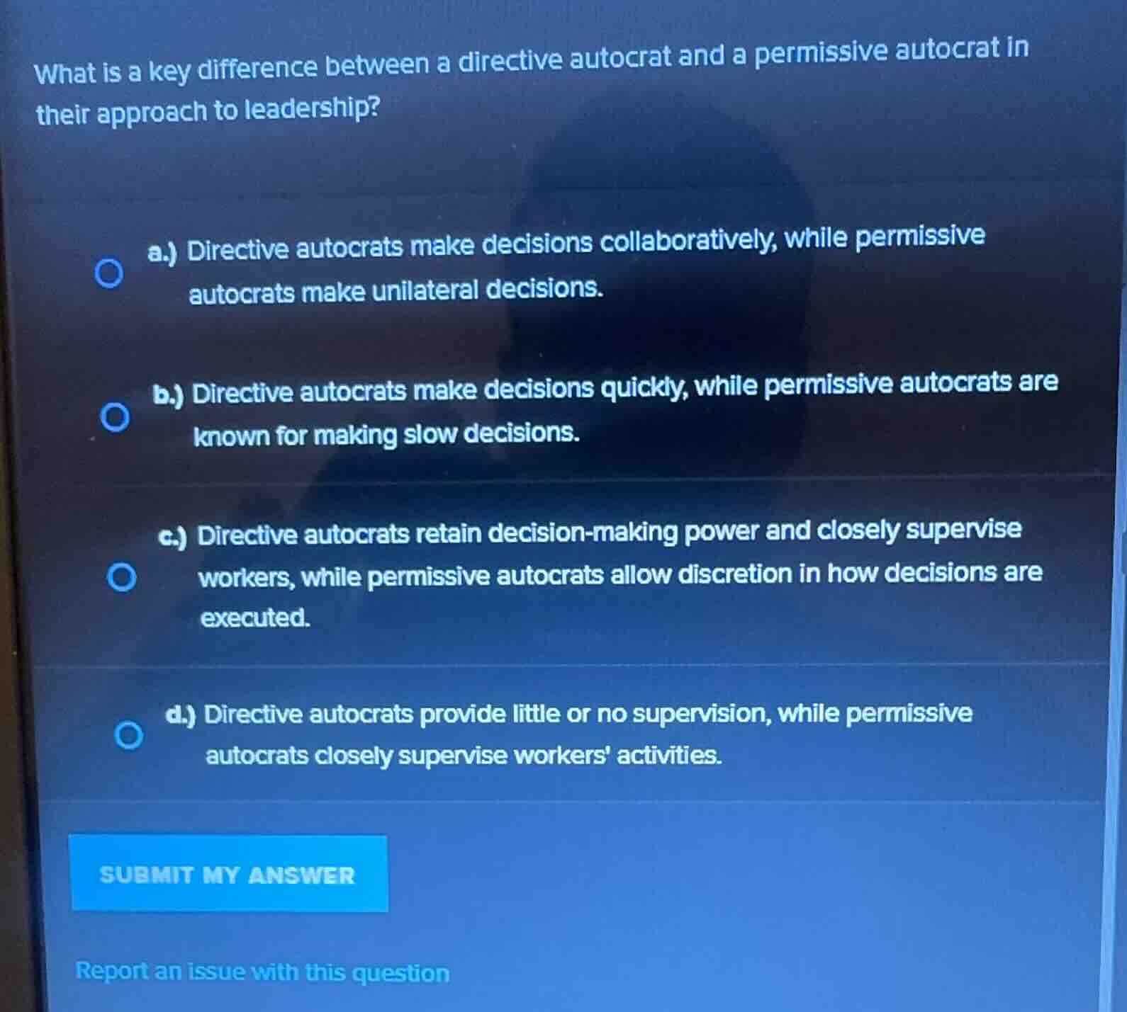 what is a key difference between a directive autocrat and a permissive …