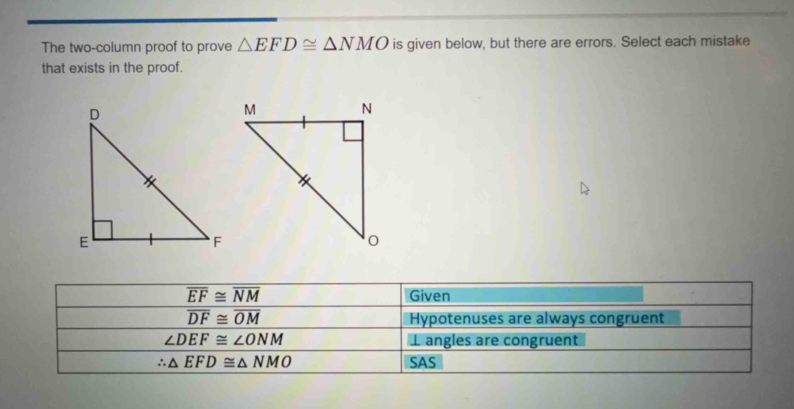 the two-column proof to prove \\(\\delta efd \\cong \\delta nmo\\) is g…