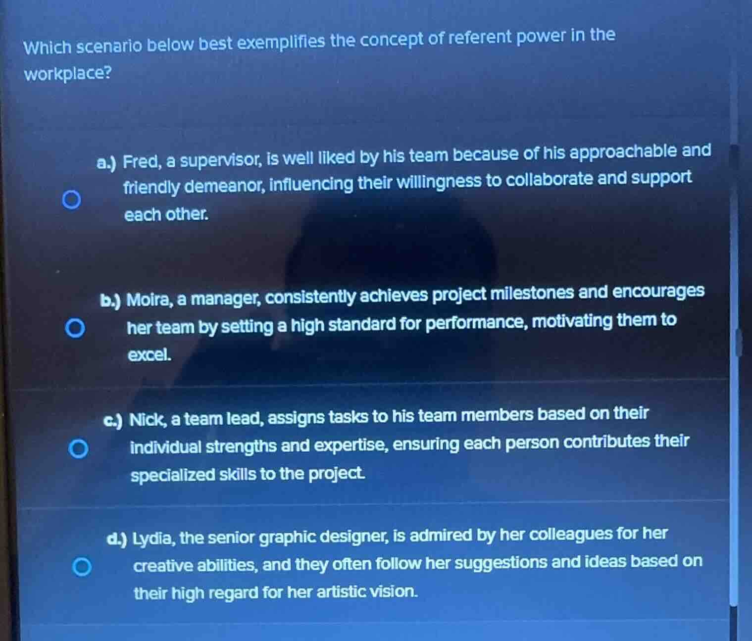 which scenario below best exemplifies the concept of referent power in …