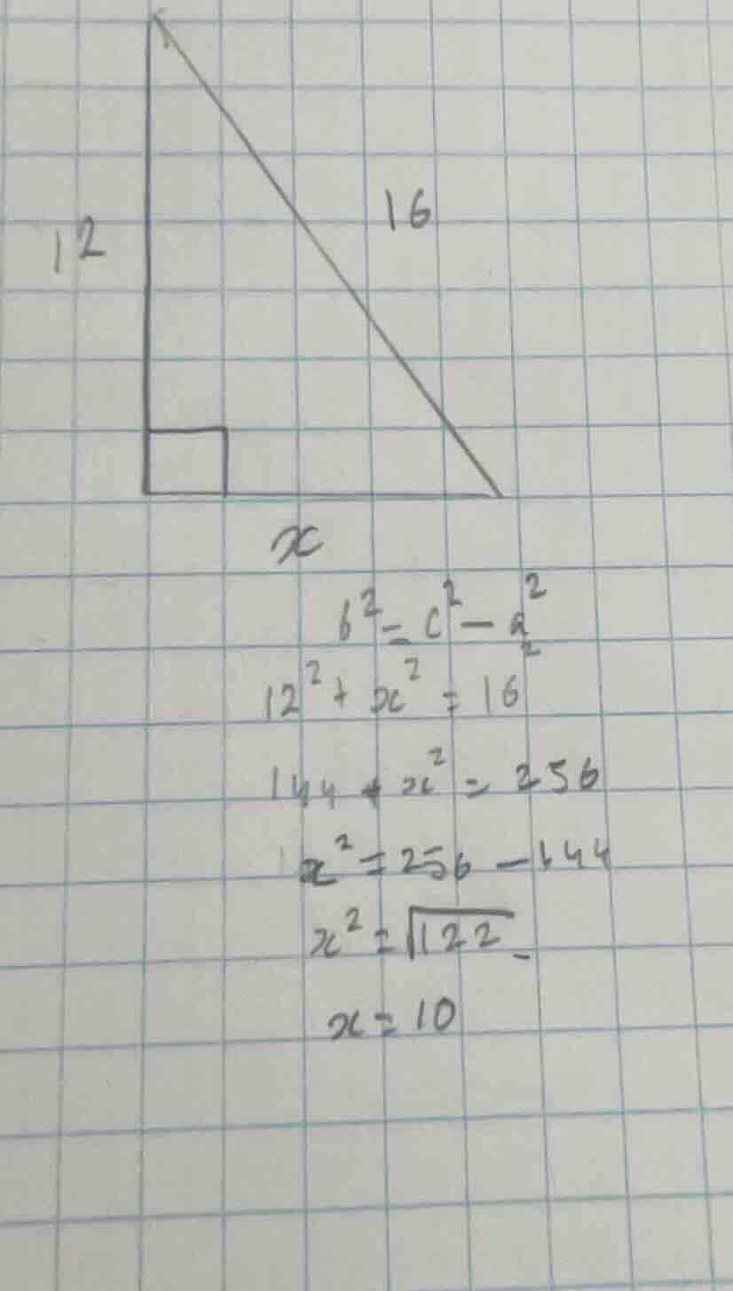 \\ \\begin{aligned} &b^2 = c^2 - a^2 \\\\ &12^2 + x^2 = 16^2 \\\\ &144 …