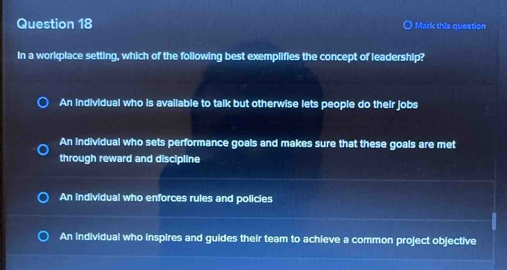 question 18 in a workplace setting, which of the following best exempli…
