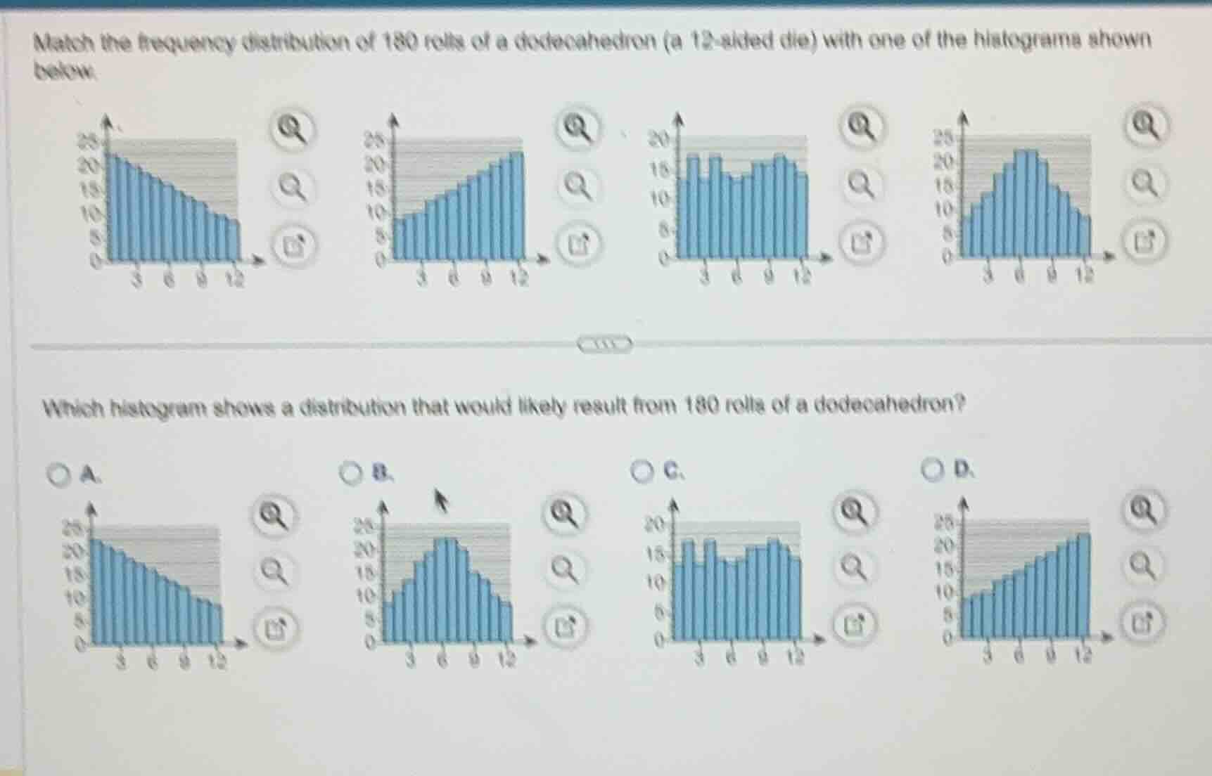 match the frequency distribution of 180 rolls of a dodecahedron (a 12-s…