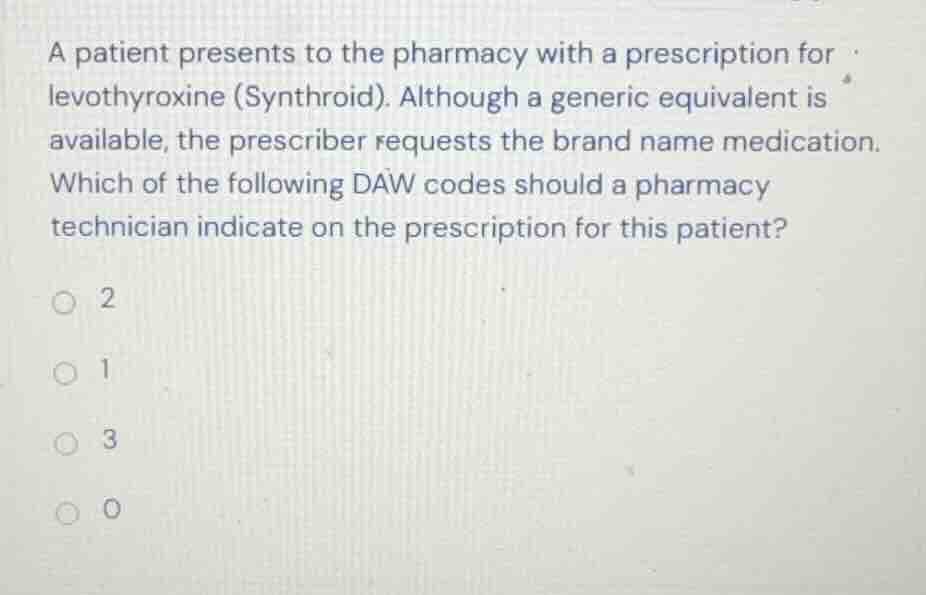 a patient presents to the pharmacy with a prescription for levothyroxin…