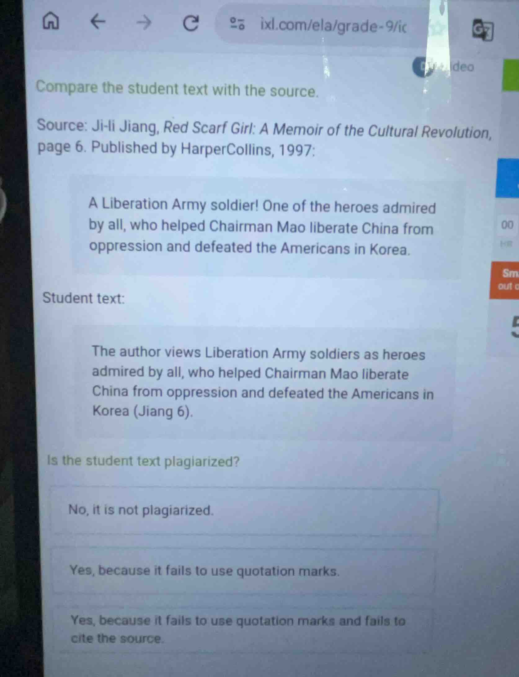 compare the student text with the source. source: ji-li jiang, red scar…