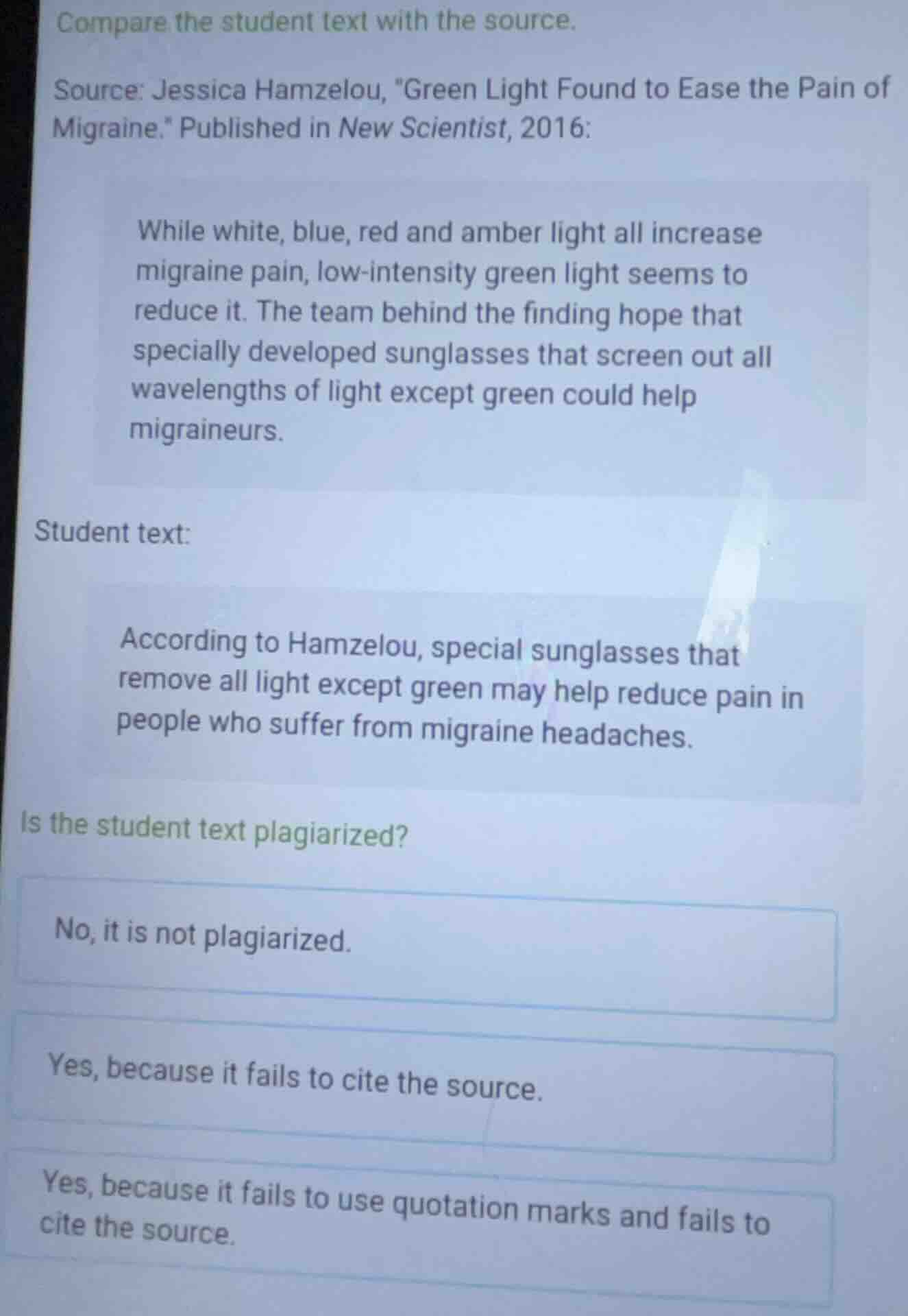 compare the student text with the source. source: jessica hamzelou, \gr…