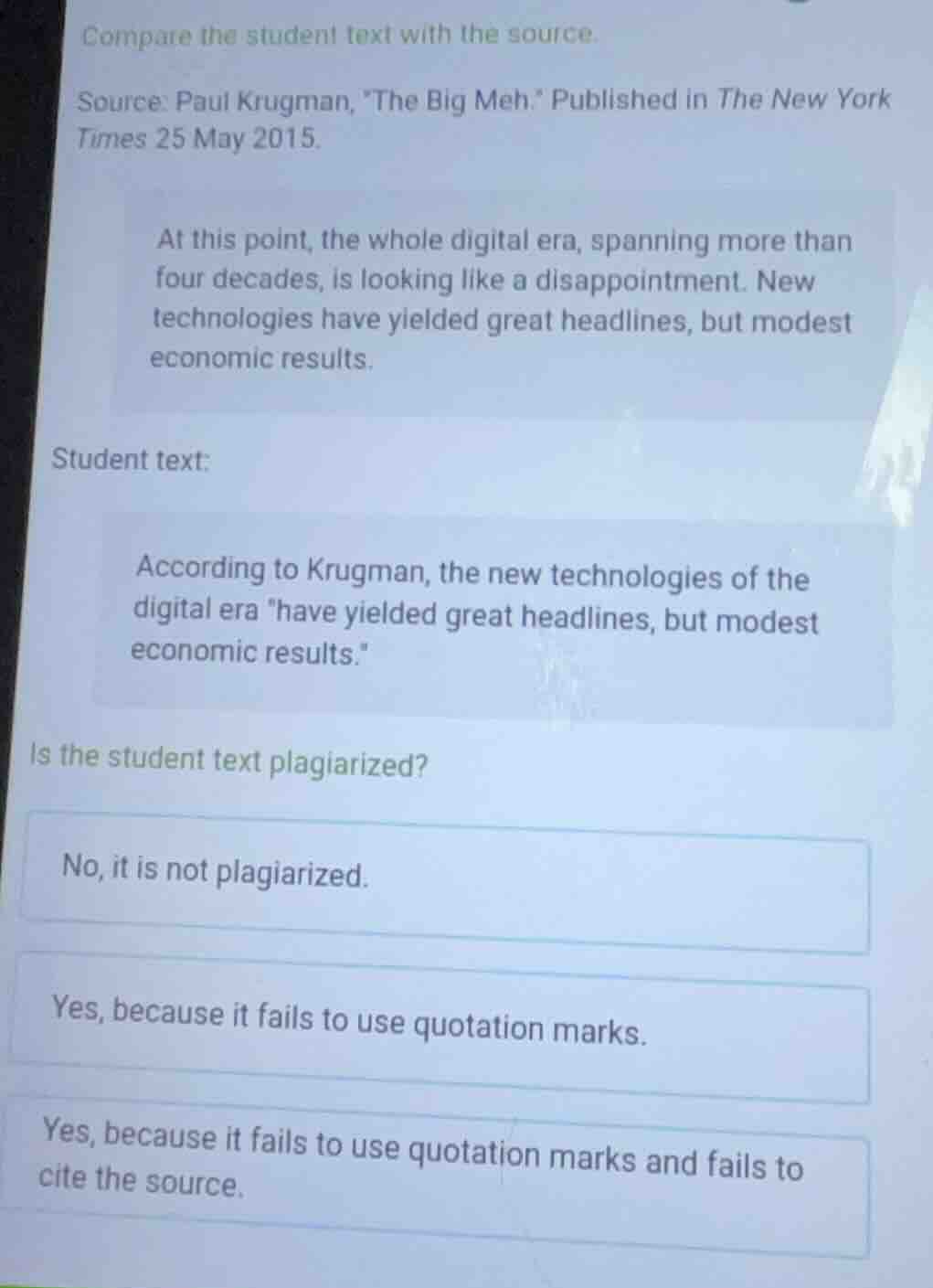 compare the student text with the source. source: paul krugman, \the bi…