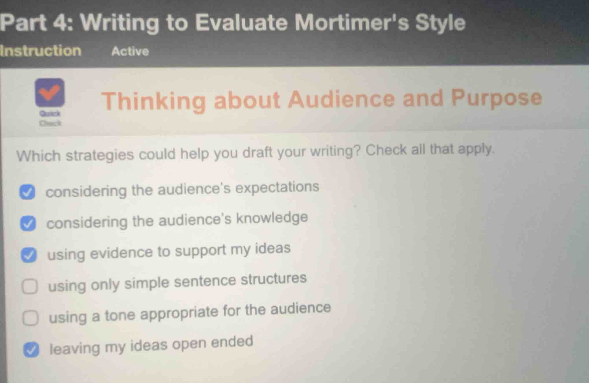 part 4: writing to evaluate mortimers style thinking about audience and…