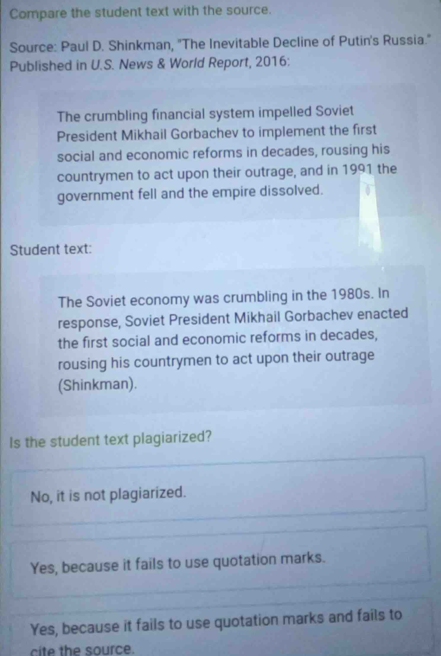 compare the student text with the source. source: paul d. shinkman, \th…