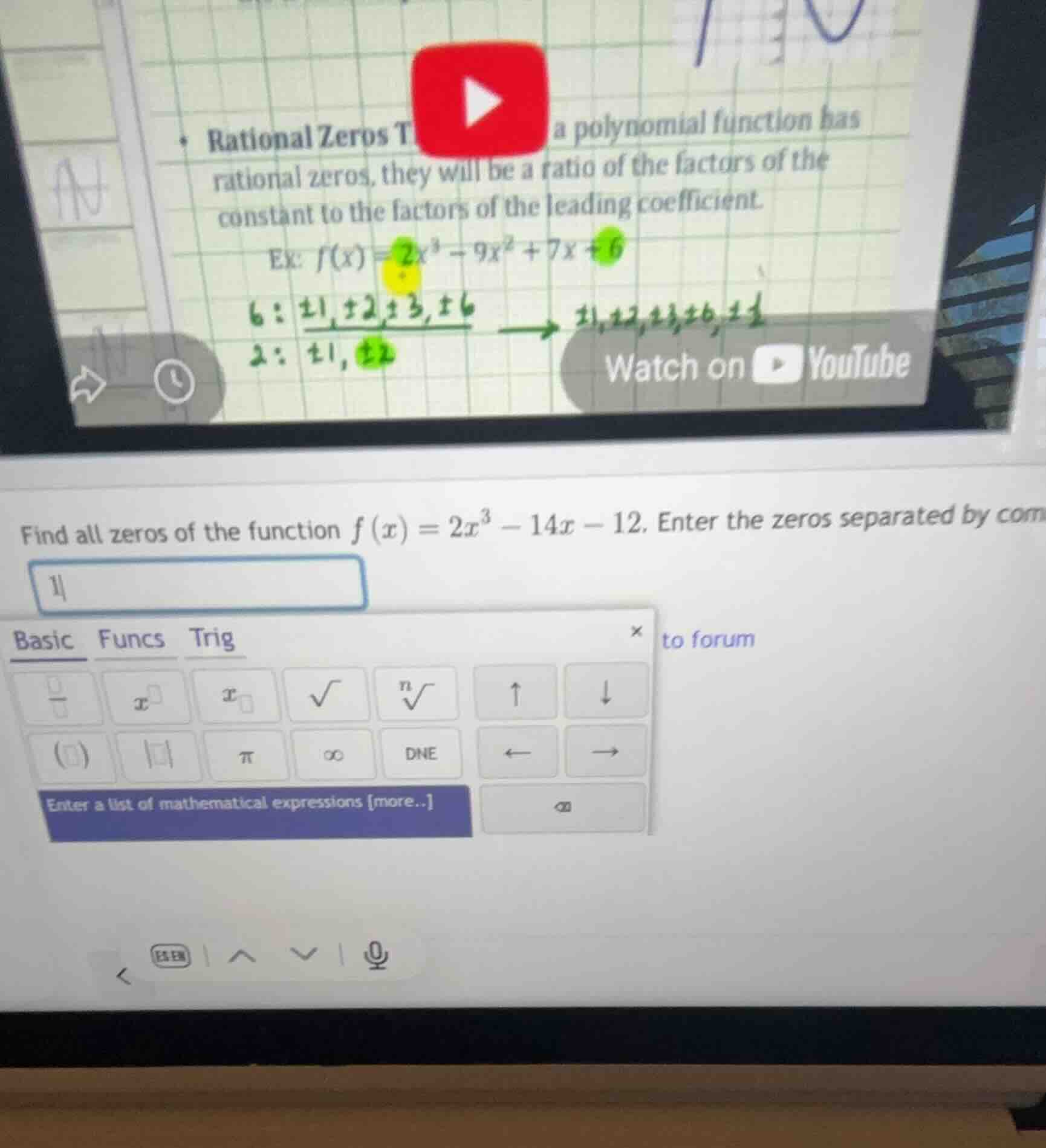 find all zeros of the function (f(x) = 2x^3 - 14x - 12). enter the zero…