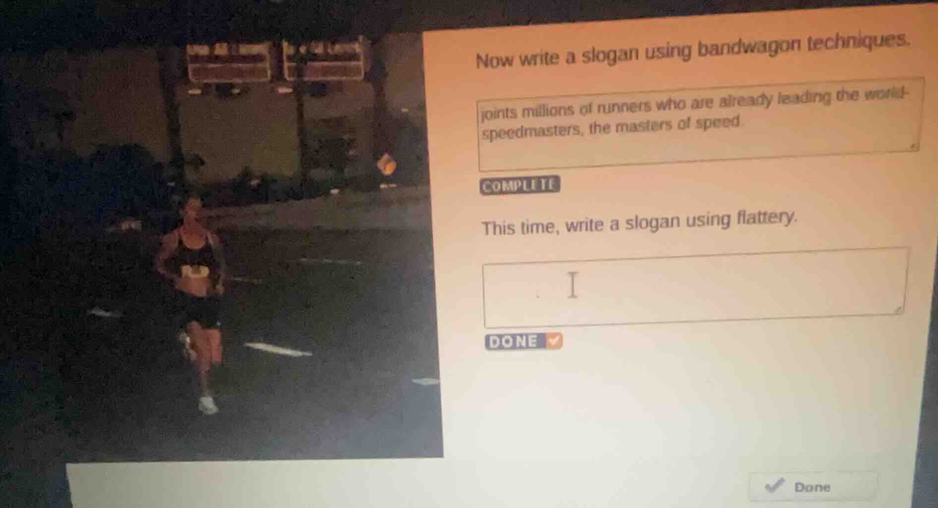 now write a slogan using bandwagon techniques. joints millions of runne…