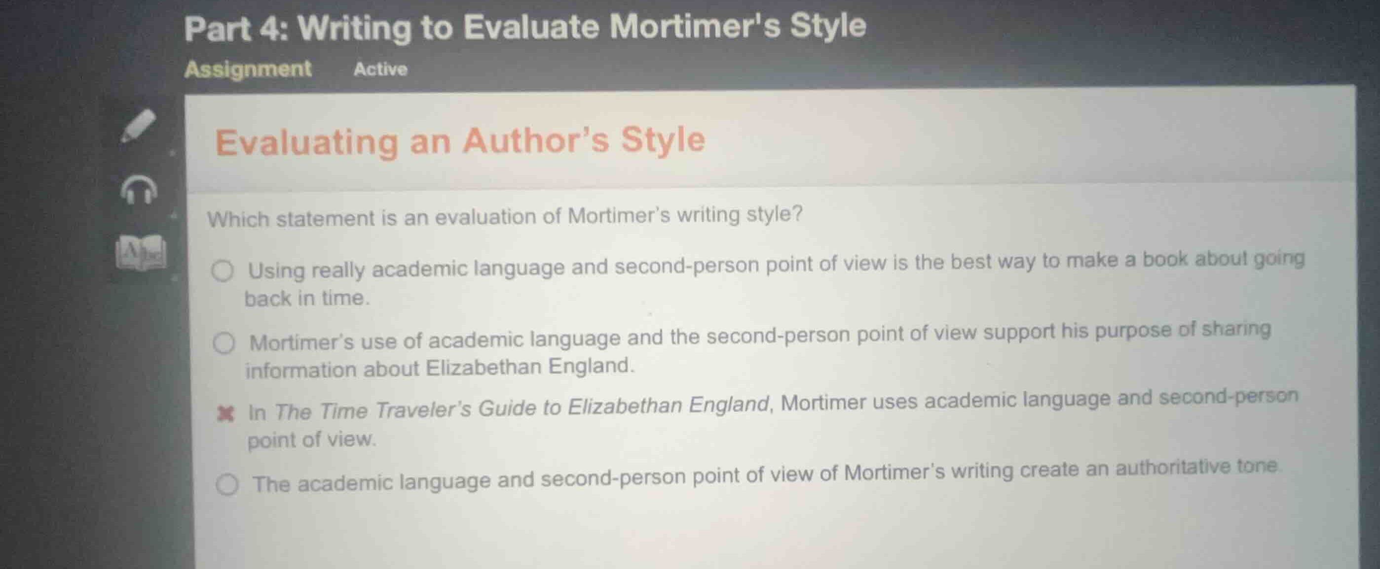 evaluating an authors style which statement is an evaluation of mortime…