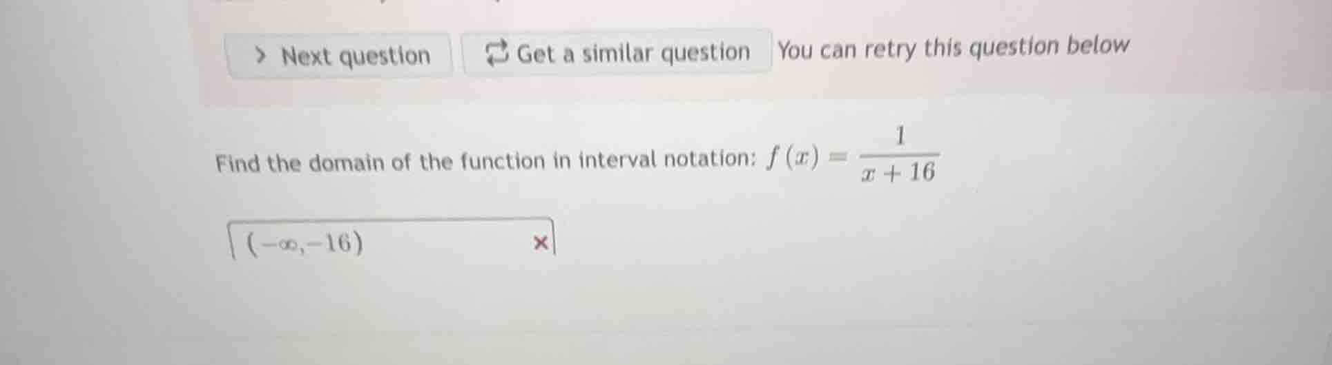 find the domain of the function in interval notation: f(x) = \\frac{1}{…