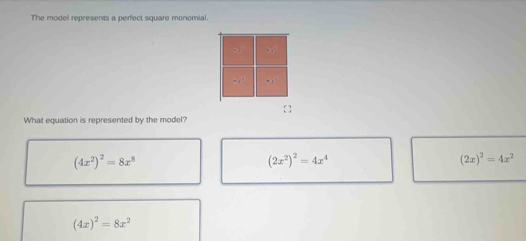 the model represents a perfect square monomial. what equation is repres…