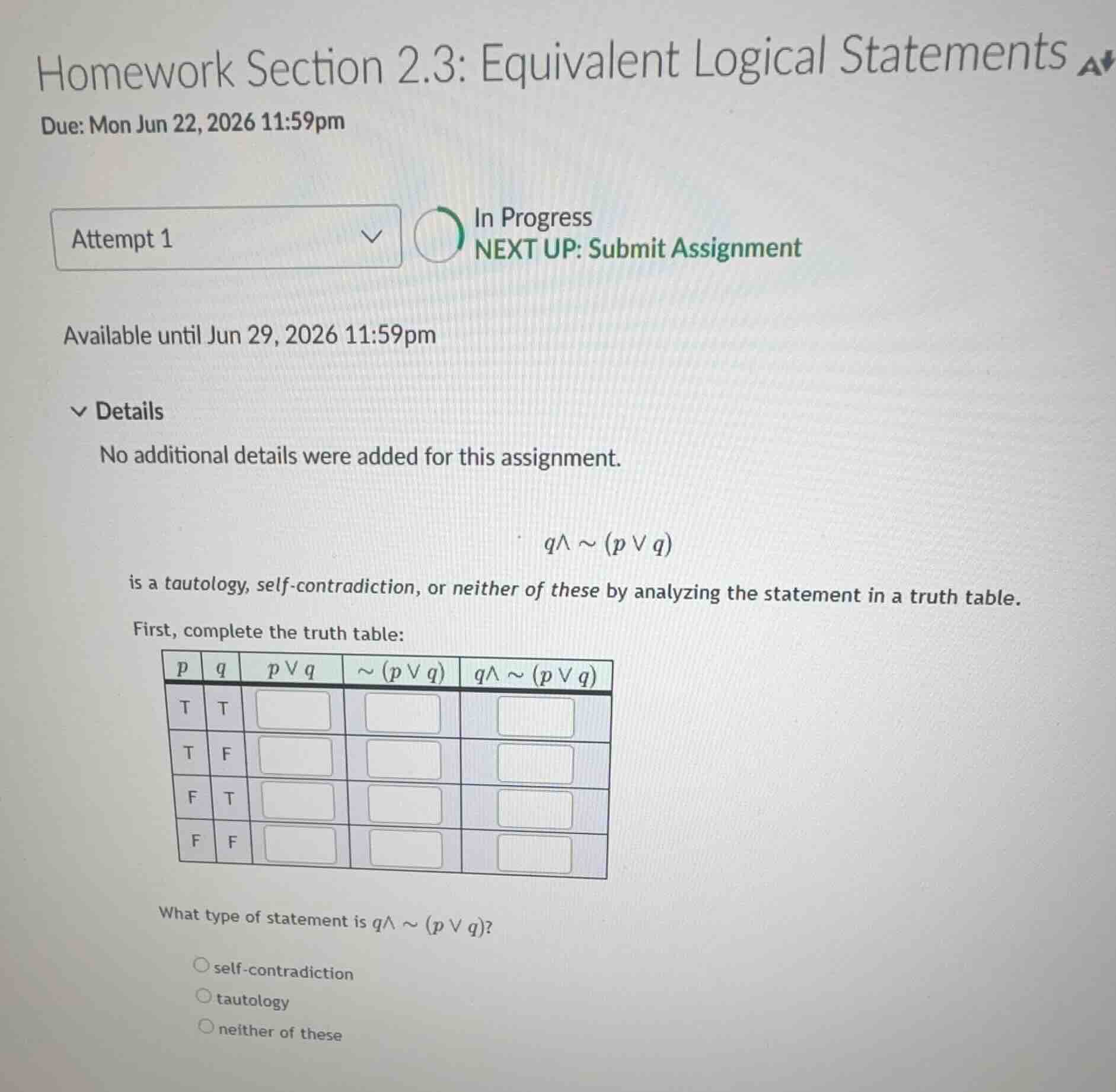 homework section 2.3: equivalent logical statements \\q \\land \\sim (p…
