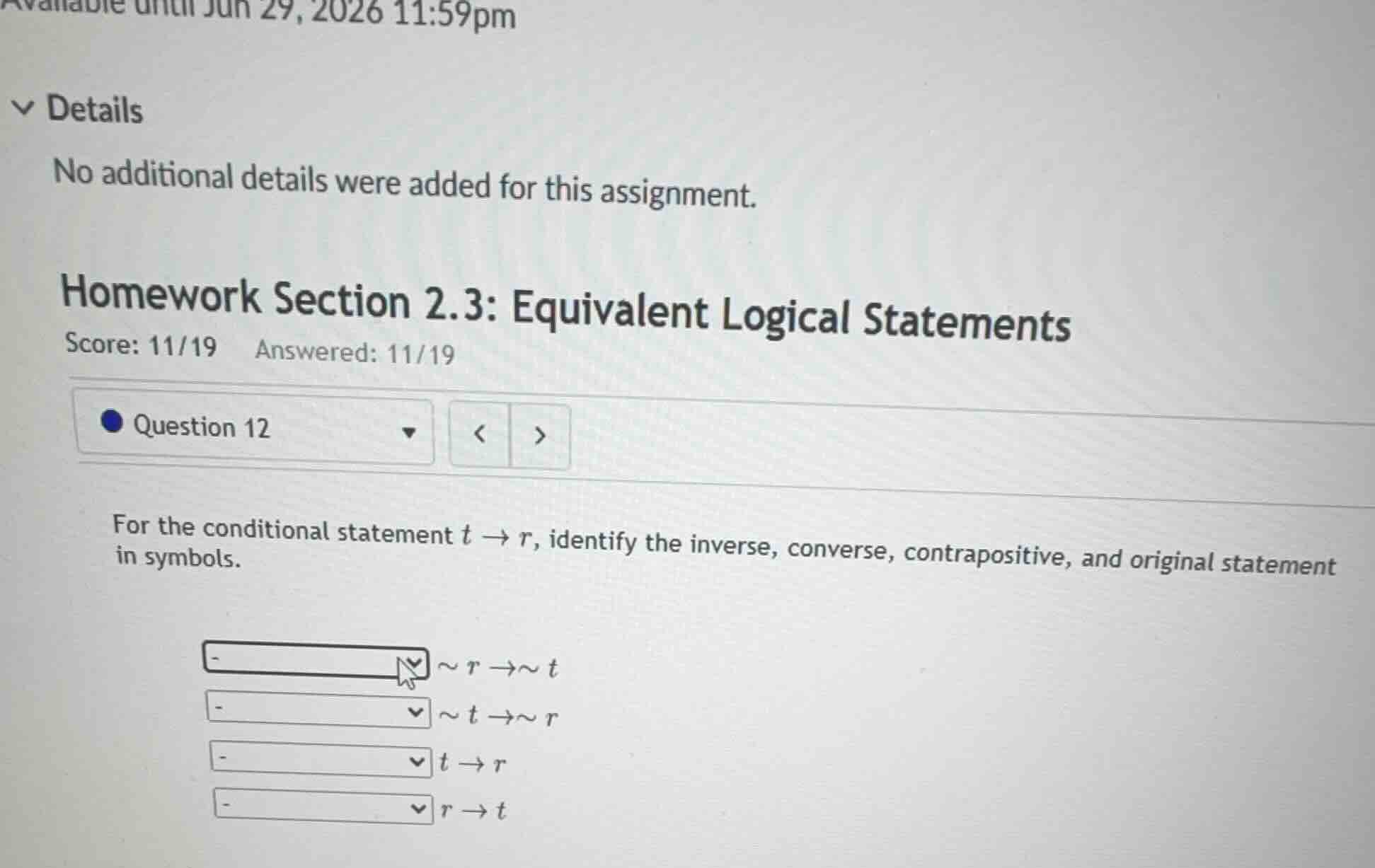for the conditional statement \\(t \ ightarrow r\\), identify the inver…