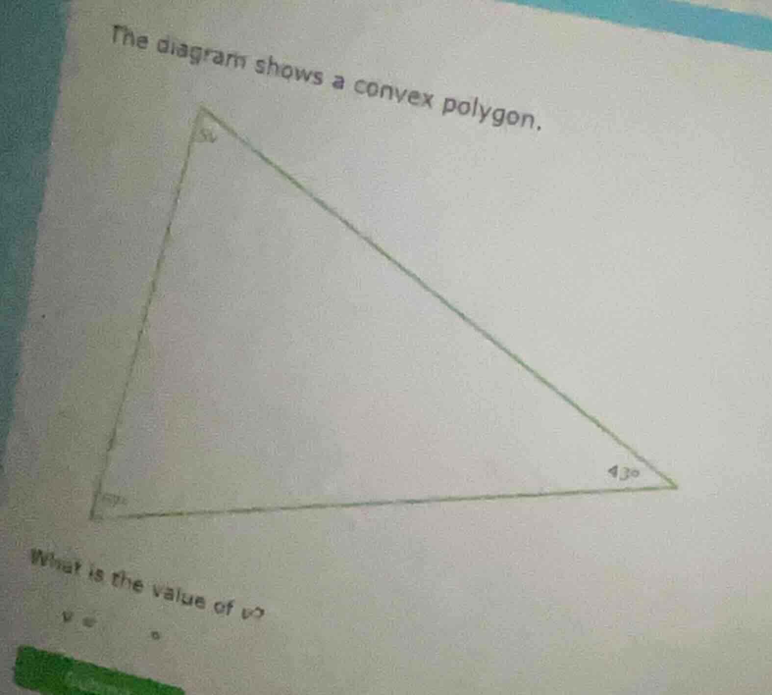 the diagram shows a convex polygon. what is the value of \\(v\\)? \\(v …