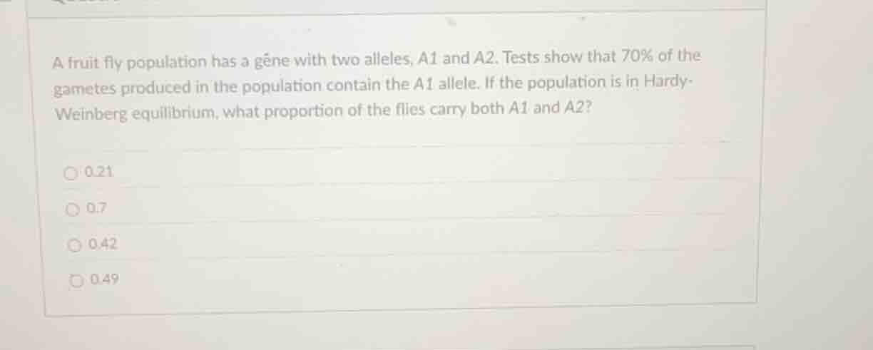 a fruit fly population has a gene with two alleles, a1 and a2. tests sh…