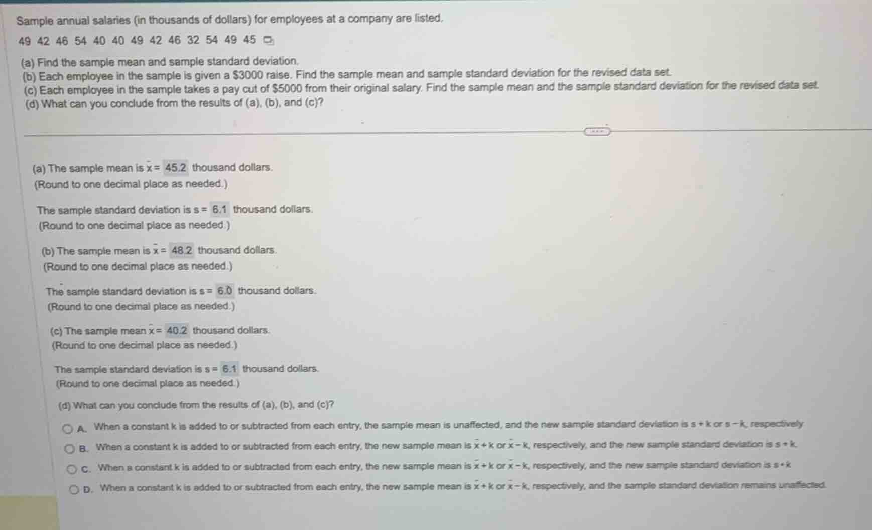 sample annual salaries (in thousands of dollars) for employees at a com…