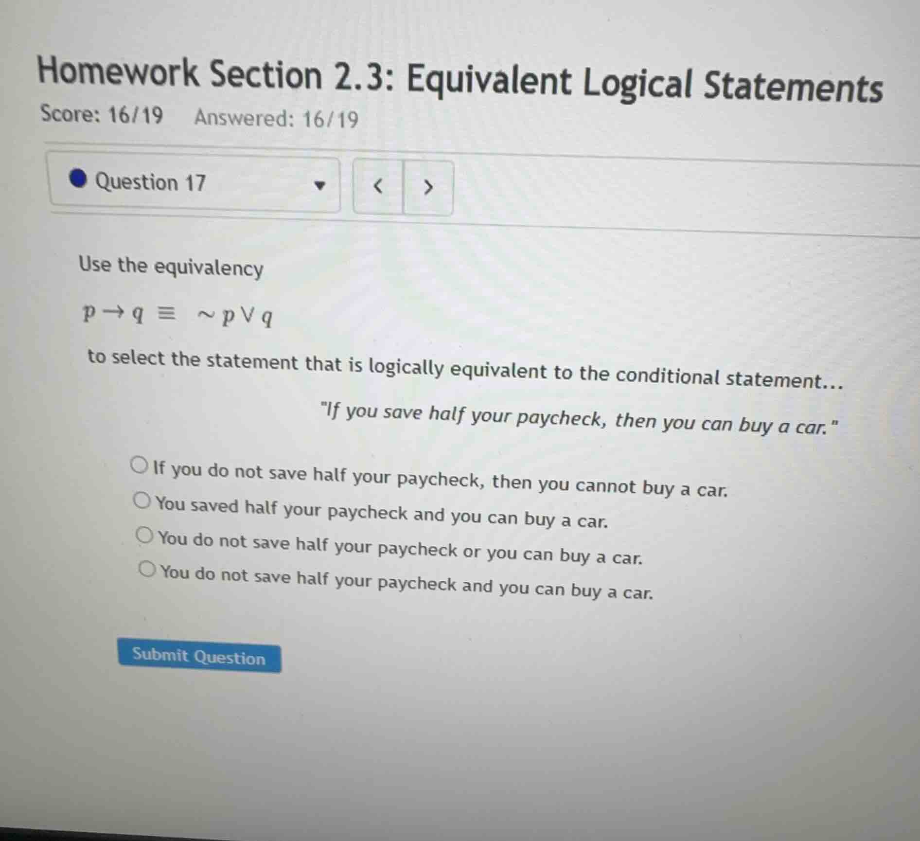 use the equivalency \\(p \ ightarrow q \\equiv \\sim p \\lor q\\) to se…