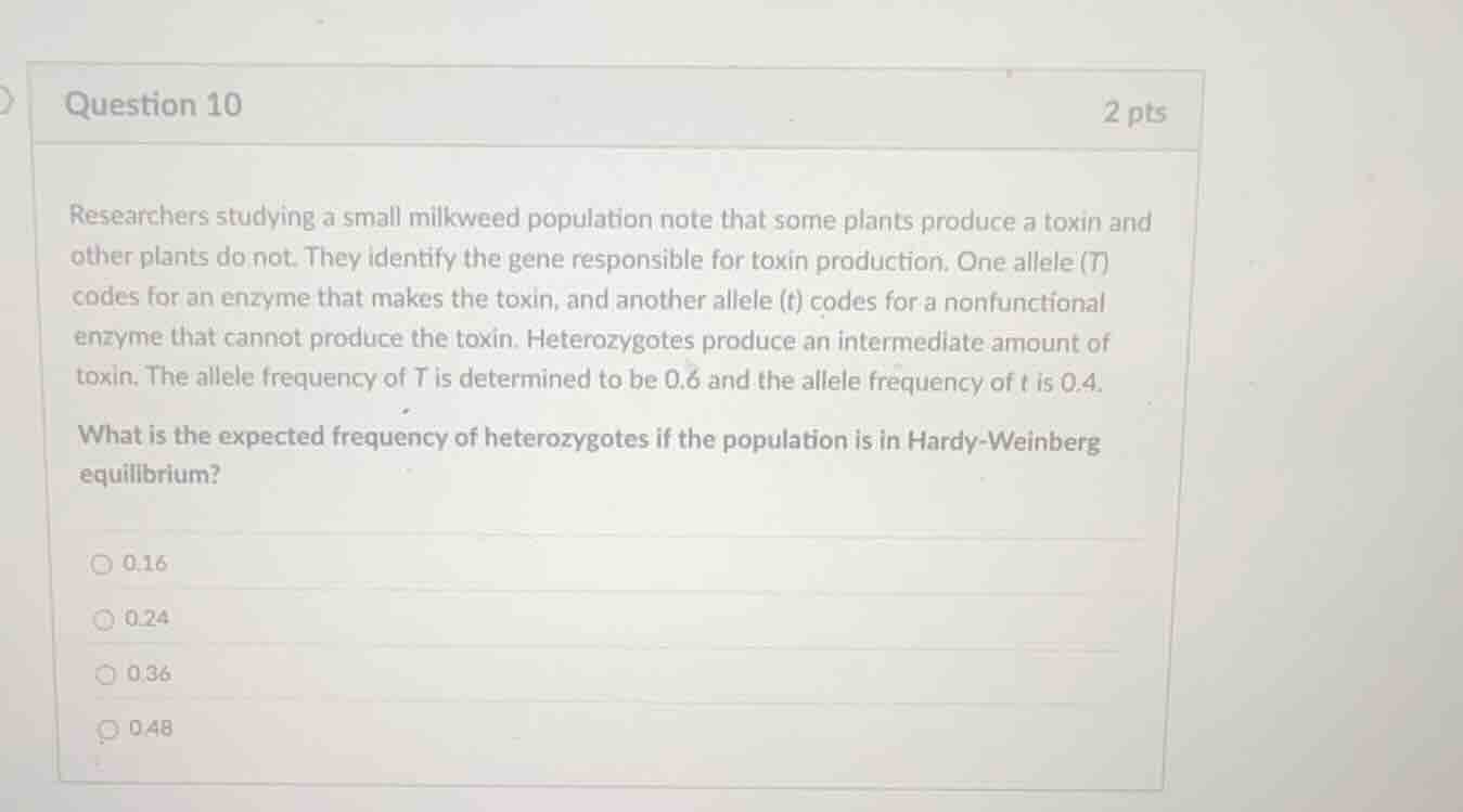 question 10 2 pts researchers studying a small milkweed population note…