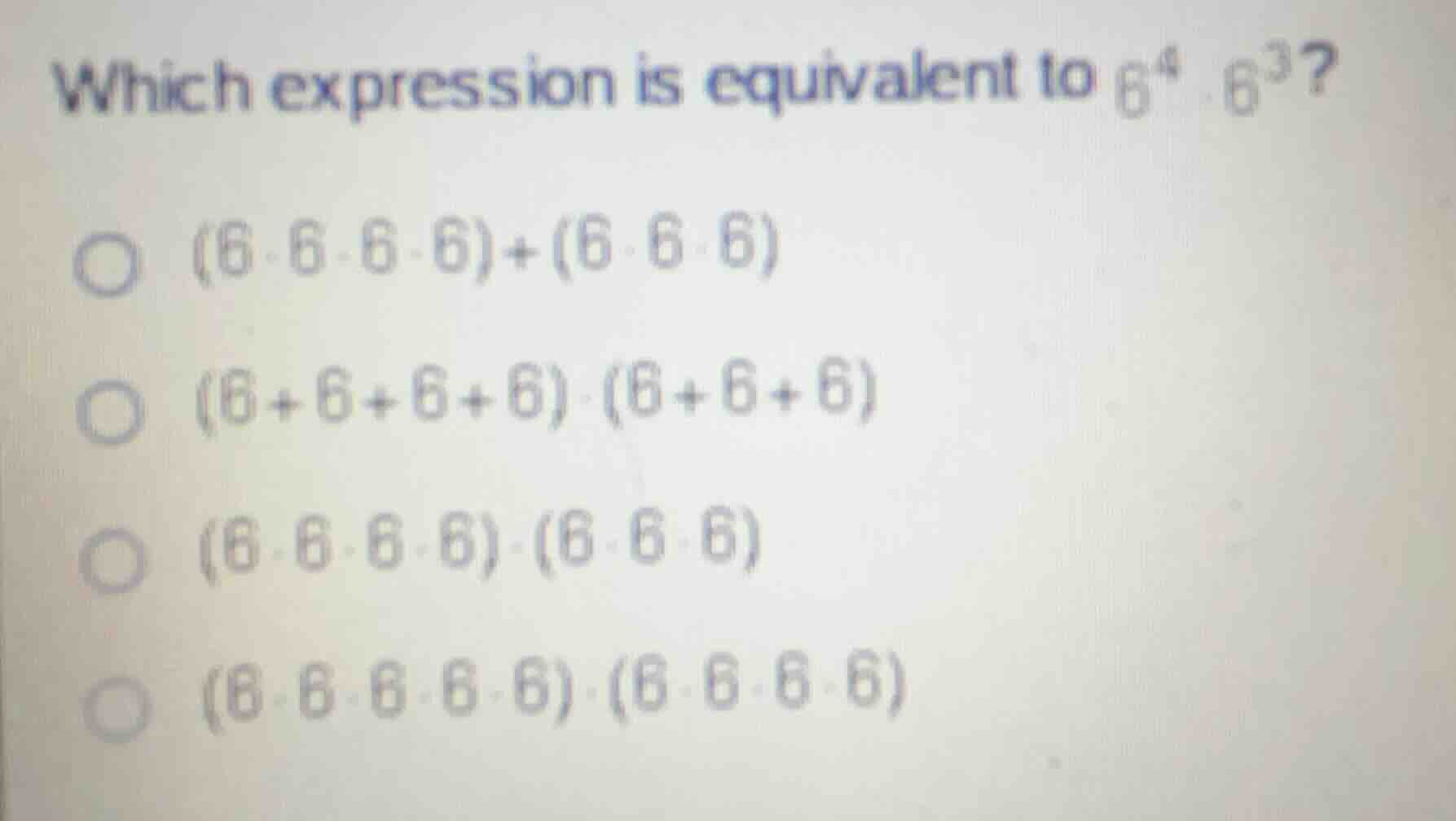which expression is equivalent to \\(6^4 \\cdot 6^3\\)? \\((6 \\cdot 6 …