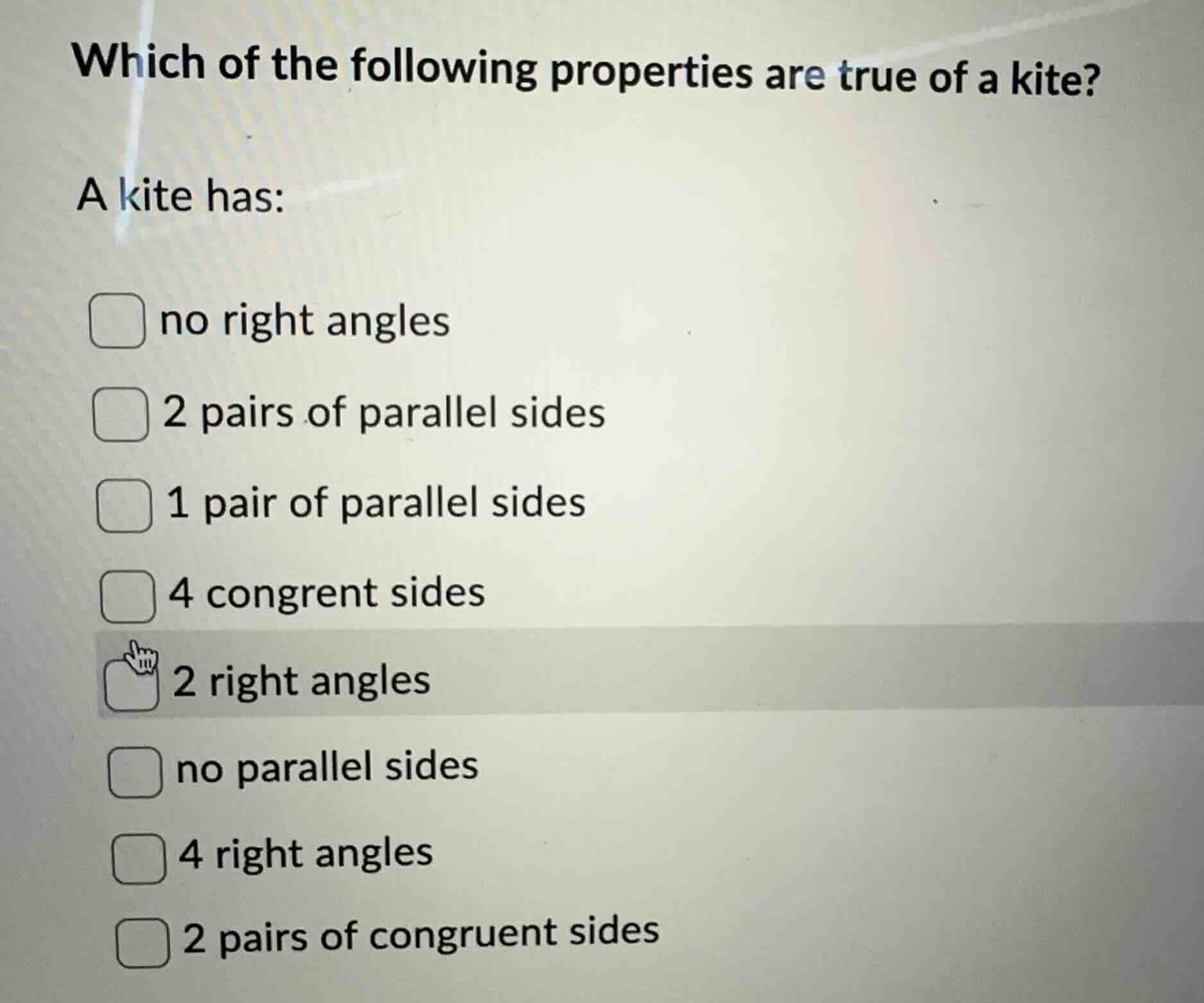 which of the following properties are true of a kite? a kite has: no ri…