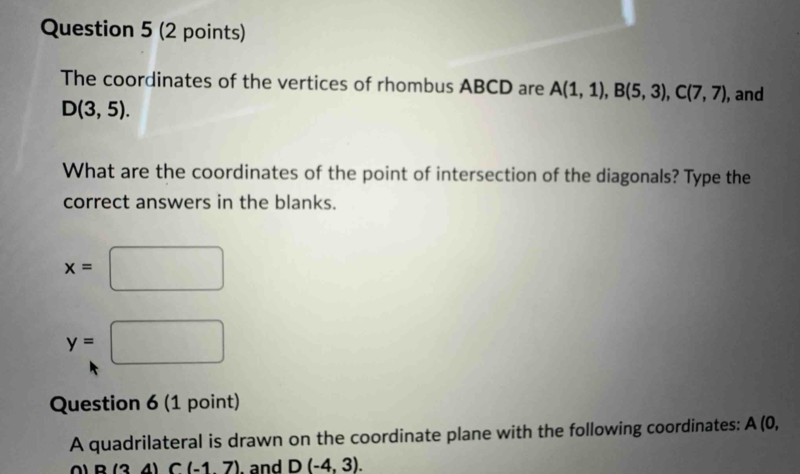 question 5 (2 points) the coordinates of the vertices of rhombus abcd a…