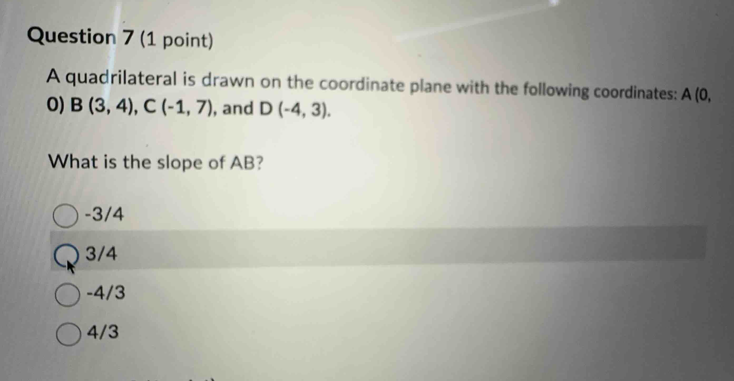 question 7 (1 point) a quadrilateral is drawn on the coordinate plane w…
