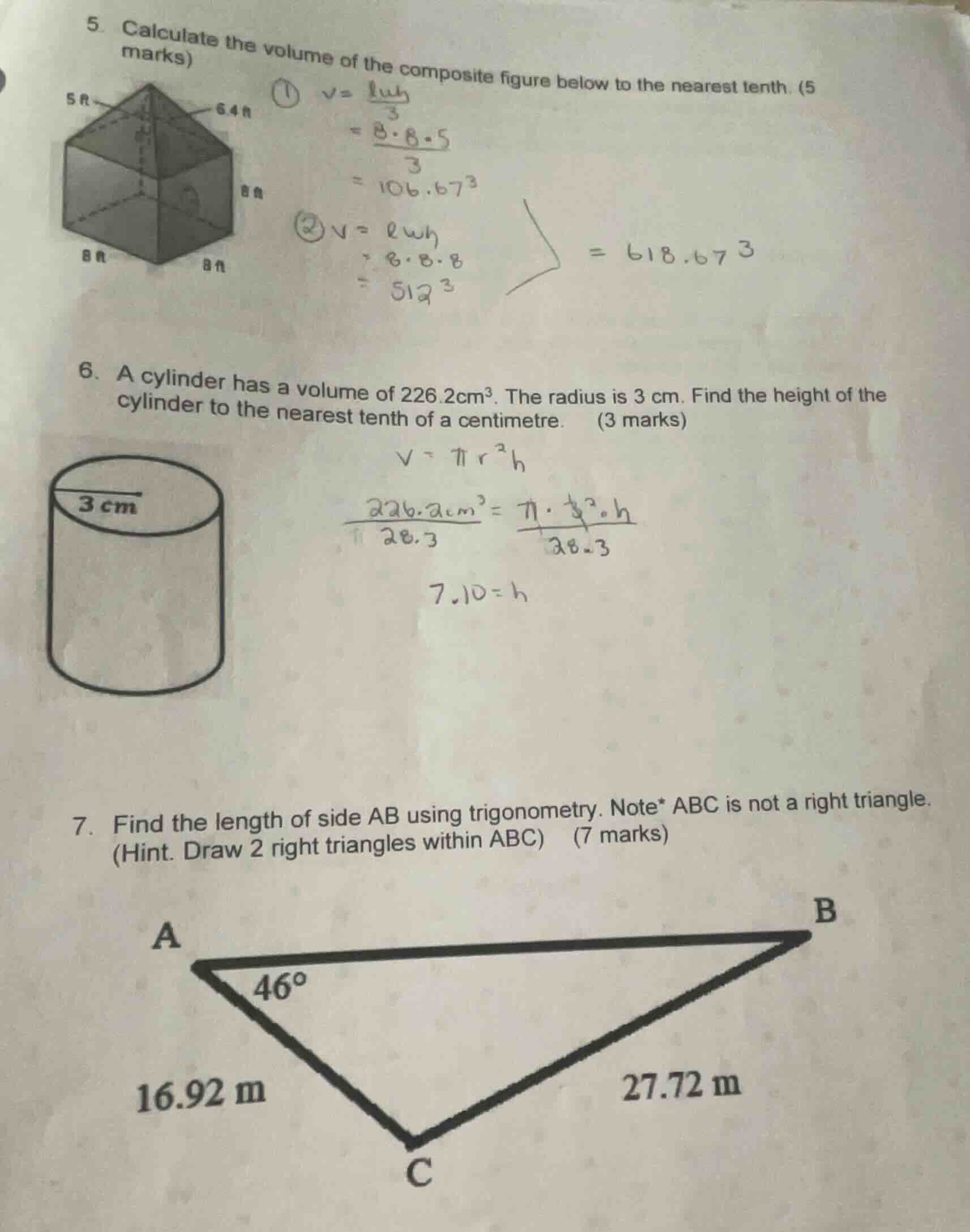 5. calculate the volume of the composite figure below to the nearest te…