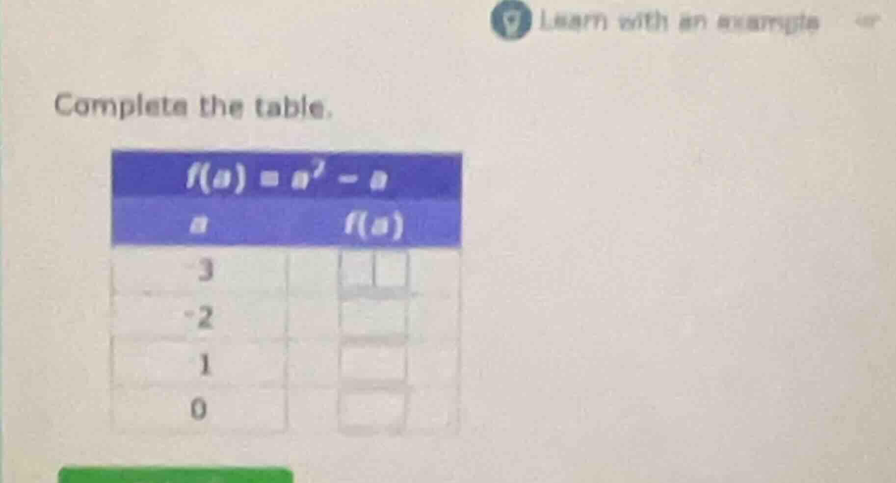 complete the table. \\f(a) = a^2 - a\\ \\begin{array}{|c|c|} \\hline a …