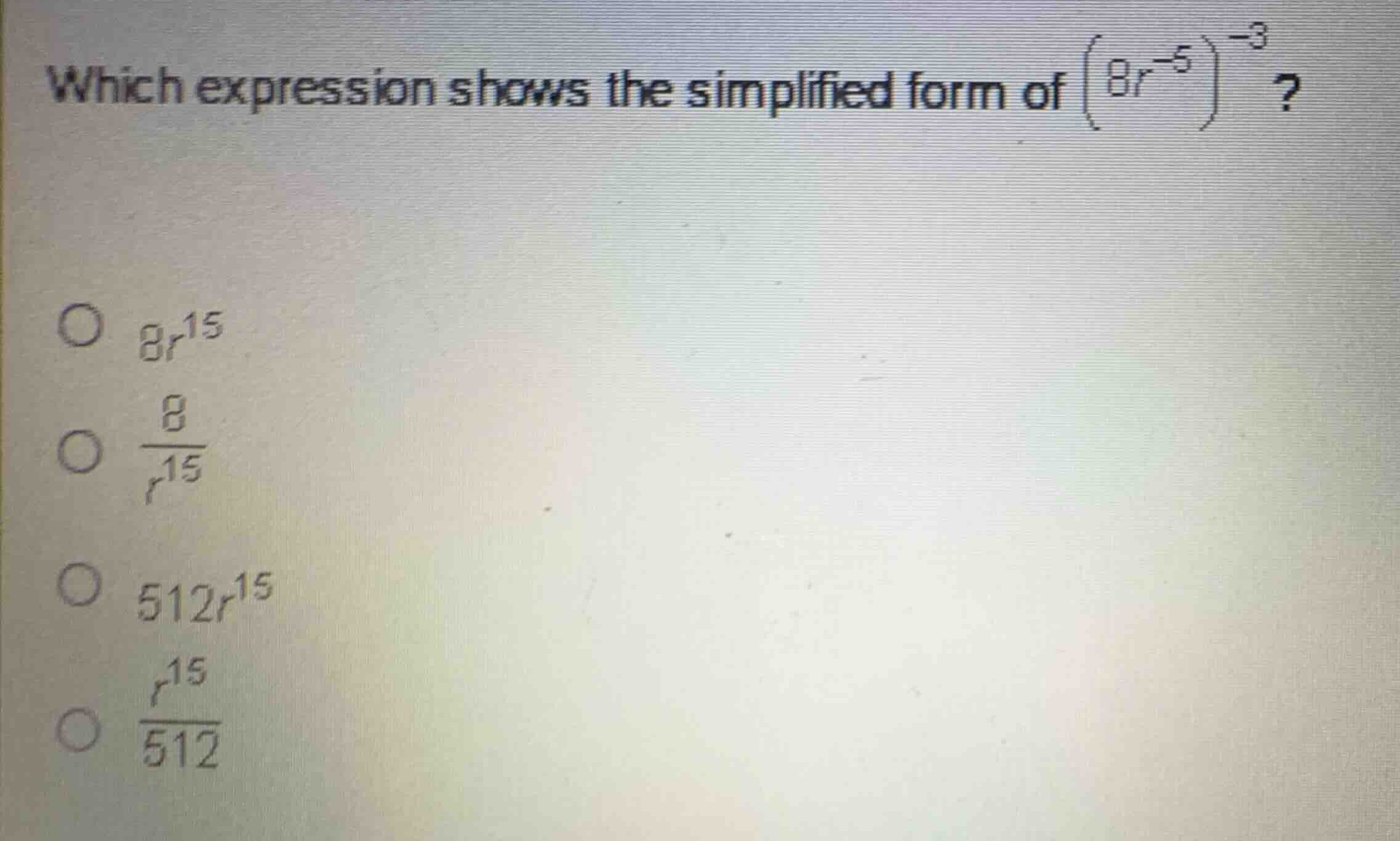 which expression shows the simplified form of \\( \\left(8r^{-5}\ ight)…