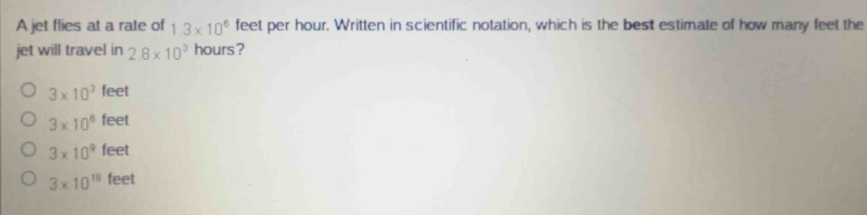 a jet flies at a rate of \\(1.3 \\times 10^6\\) feet per hour. written …