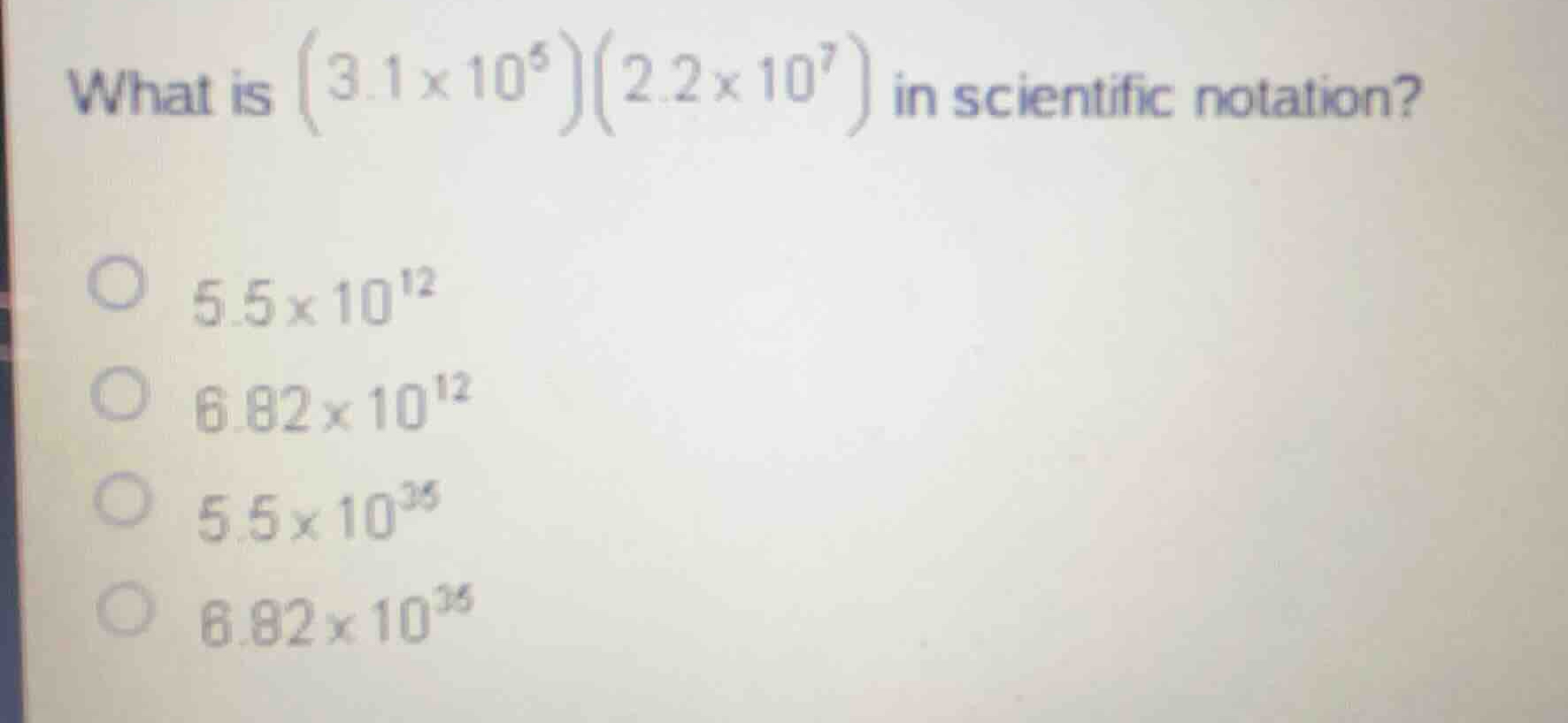 what is \\((3.1 \\times 10^5)(2.2 \\times 10^7)\\) in scientific notati…