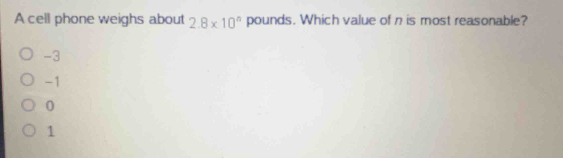 a cell phone weighs about (2.8 \times 10^n) pounds. which value of (n) …