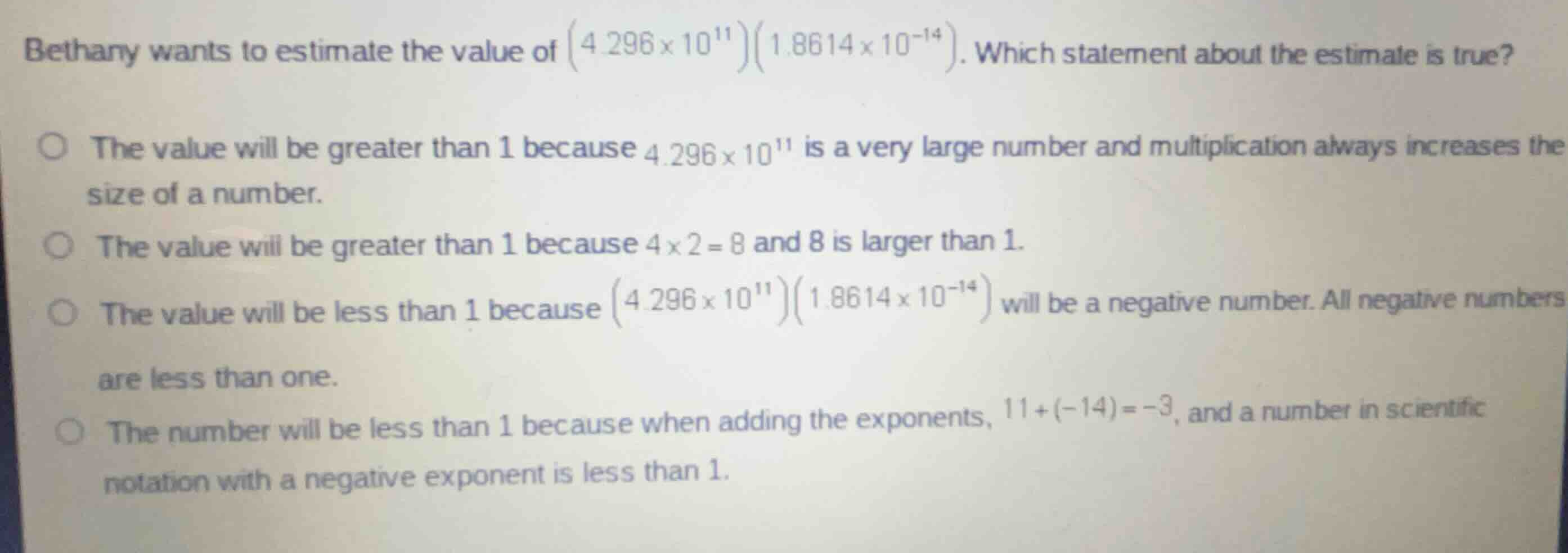 bethany wants to estimate the value of \\((4.296 \\times 10^{11})(1.861…