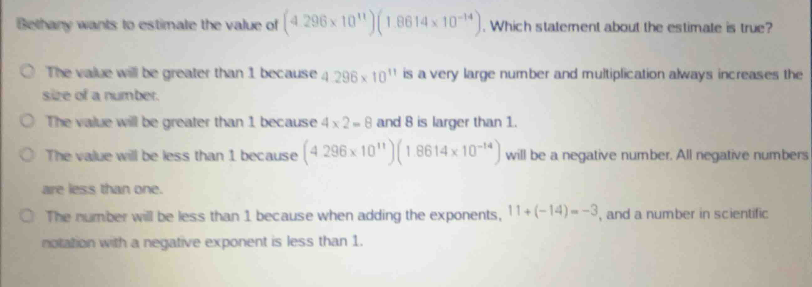 bethany wants to estimate the value of \\((4.296 \\times 10^{11})(1.861…