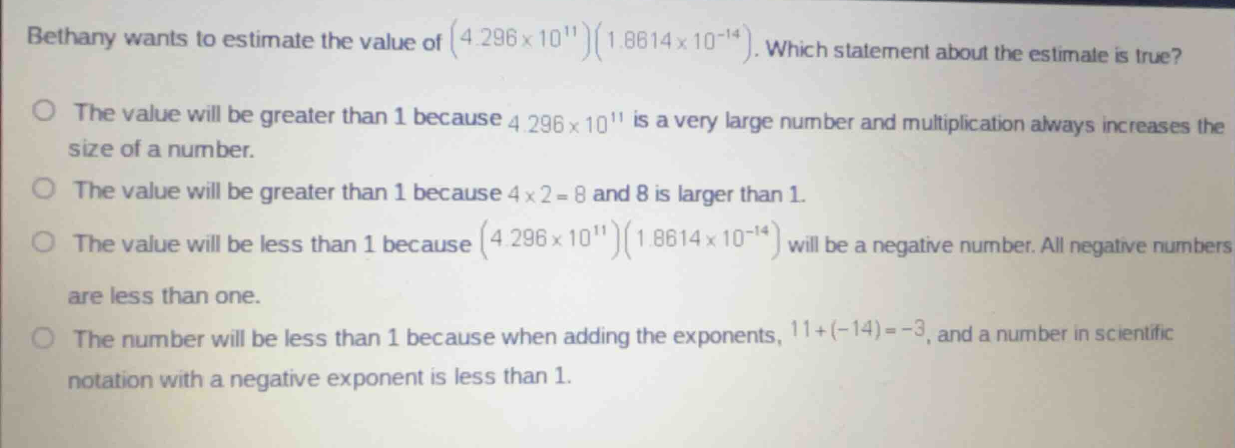 bethany wants to estimate the value of \\((4.296 \\times 10^{11})(1.861…
