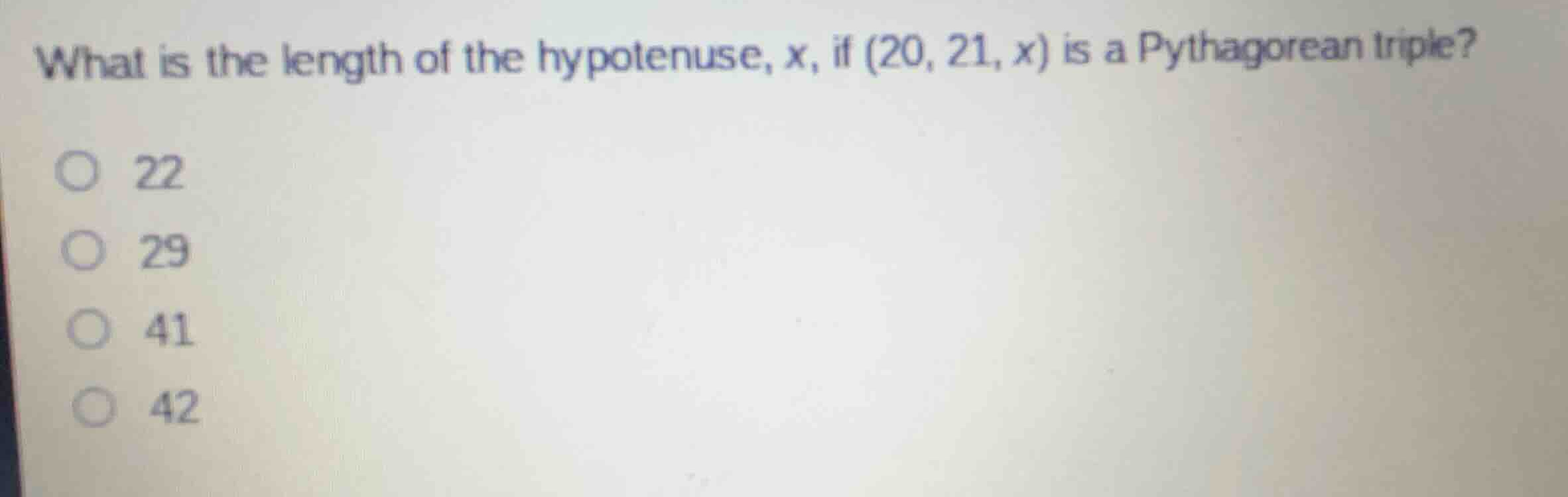 what is the length of the hypotenuse, \\(x\\), if \\((20, 21, x)\\) is …