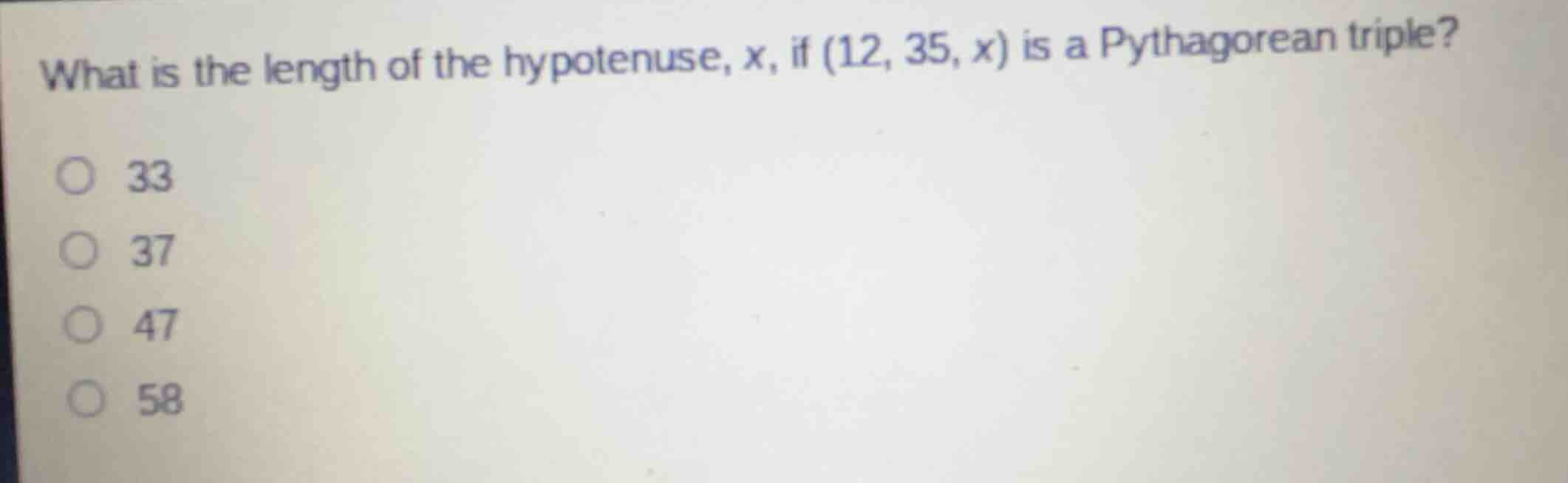 what is the length of the hypotenuse, \\(x\\), if \\((12, 35, x)\\) is …