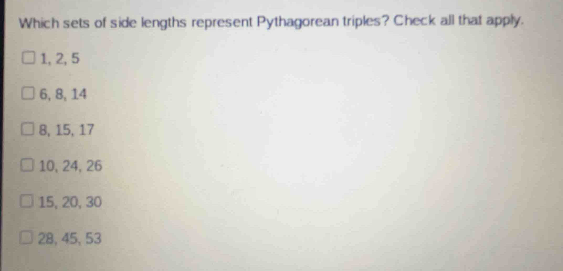 which sets of side lengths represent pythagorean triples? check all tha…